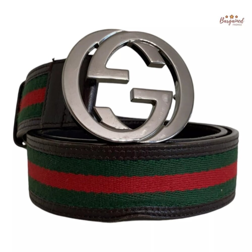 Authentic Gucci Web Green/Red Canvas Silver Interlocking G Buckle Belt 85/34